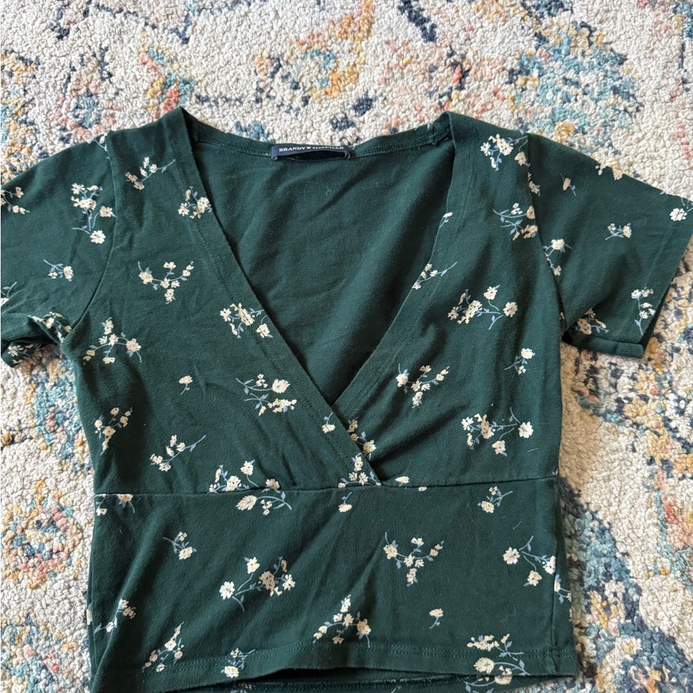 Brandy Melville Dark Green Floral Wrap Blouse